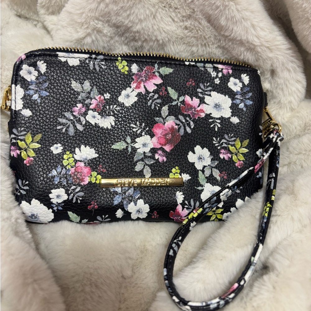 Steve Madden Black Floral Wristlet Clutch with Pink, White & Green Accents